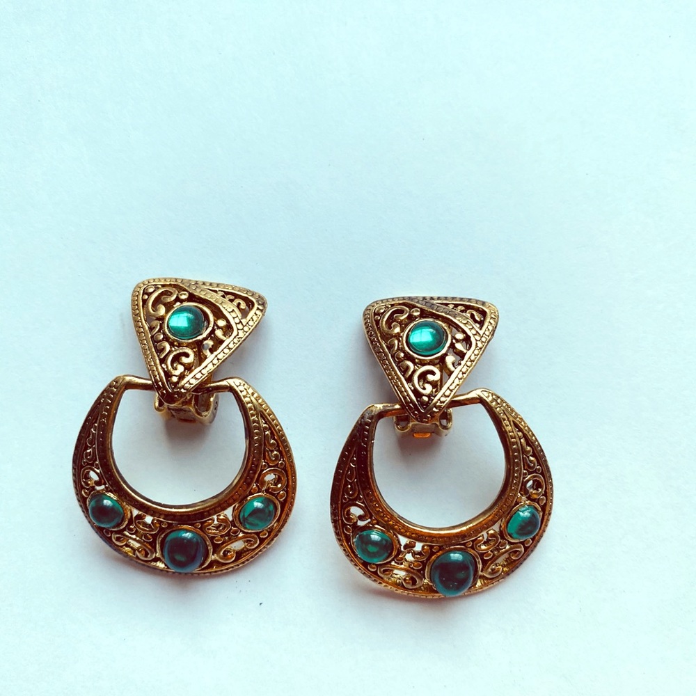 Vintage Gold Ornate Jewel Rhinestone Drop Earring